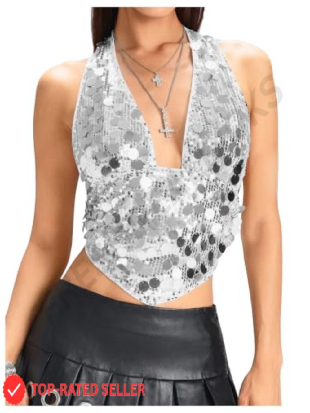 Sparkly Sequin Halter Top Tie Backless Asymmetrical Hem Y2K Going Out Tank